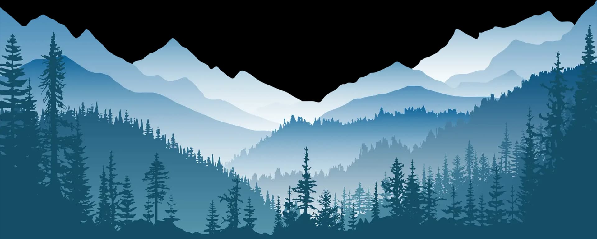 Layered silhouettes of pine forest and misty blue mountains