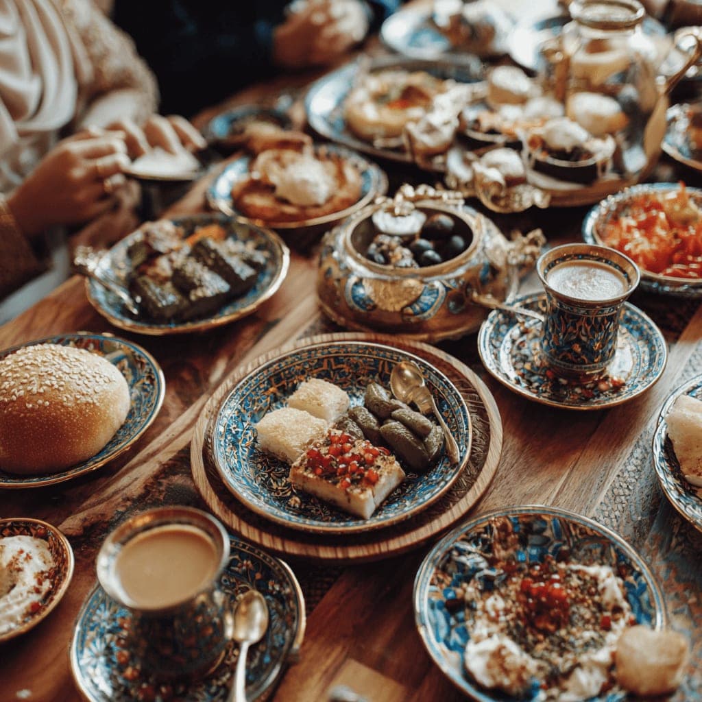 A spread of halal dishes shared around a table at RIZQ